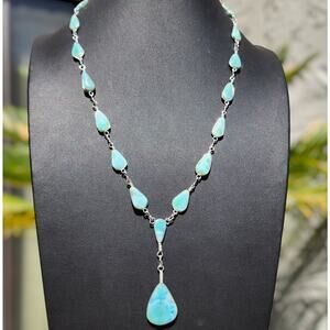 Vtg Larimar Lariat Necklace Aluminum Silver Wire Wrapped Teardrop Pear Gemstone